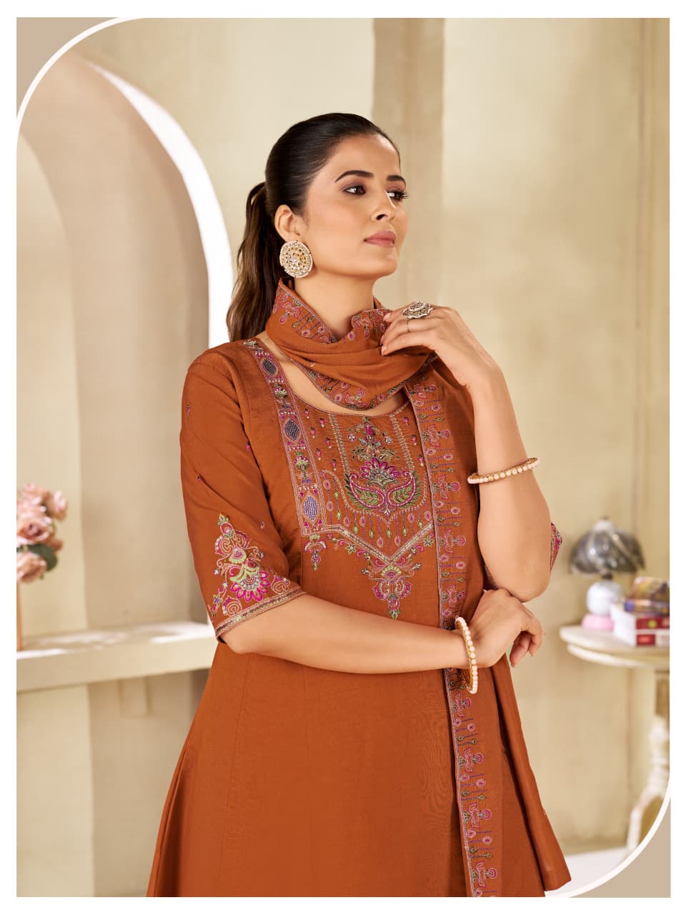 Women  Embroidered Kurta Palazzo Dupatta Set