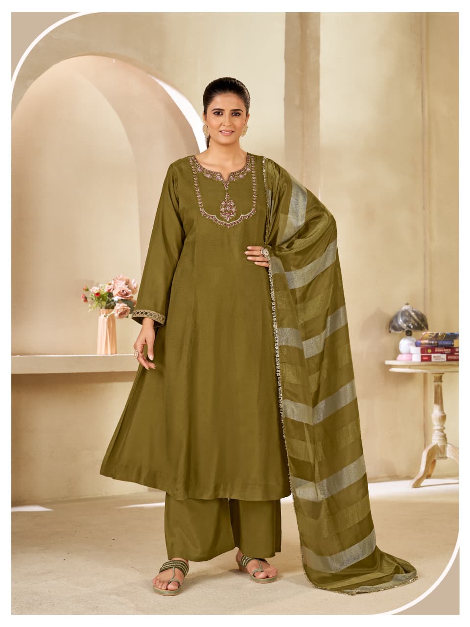 Graceful Mehendi Green Pure Hand Work  Suit Set