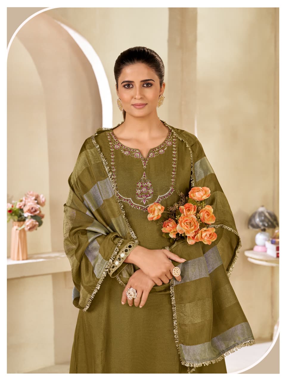 Graceful Mehendi Green Pure Hand Work  Suit Set