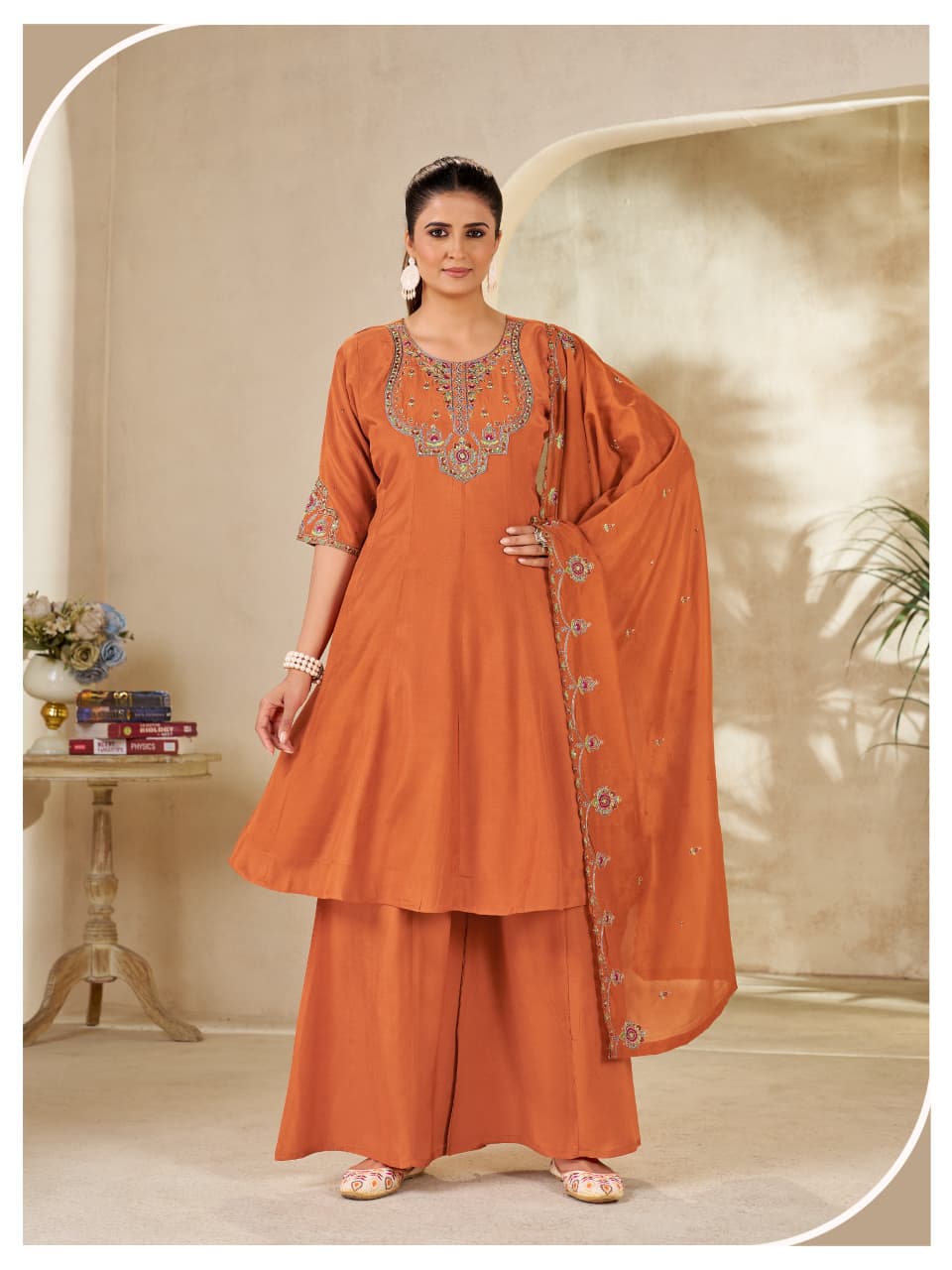Women  Embroidered Short Kurta Palazzo Dupatta Set