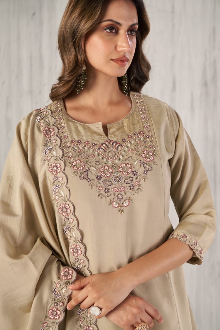 Beige Embroidered Anarkali Short Palazzo Suit Set With Dupatta