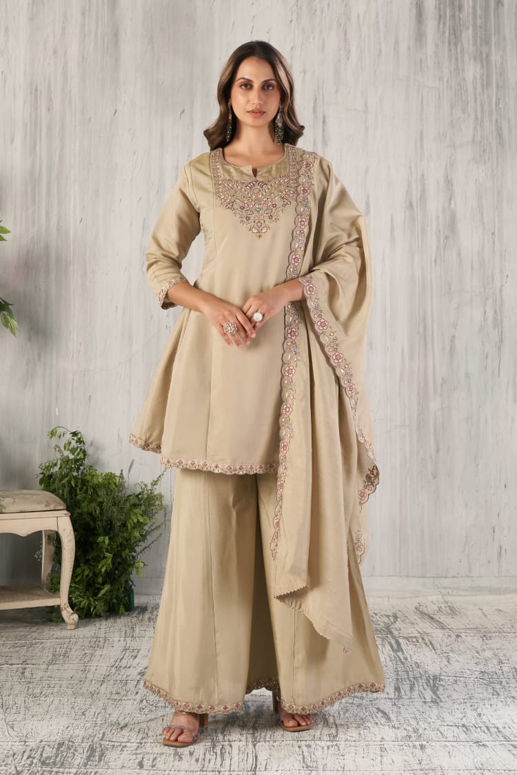 Beige Embroidered Anarkali Short Palazzo Suit Set With Dupatta