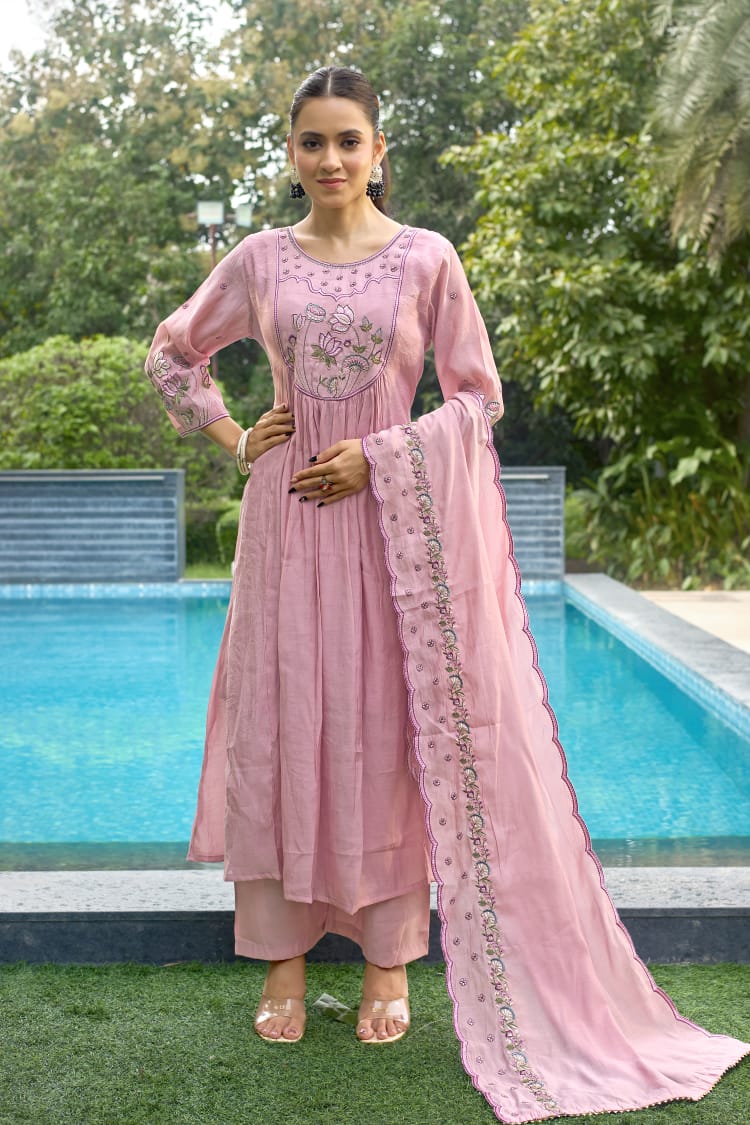Elegant Pink Floral Embroidered Anarkali Set