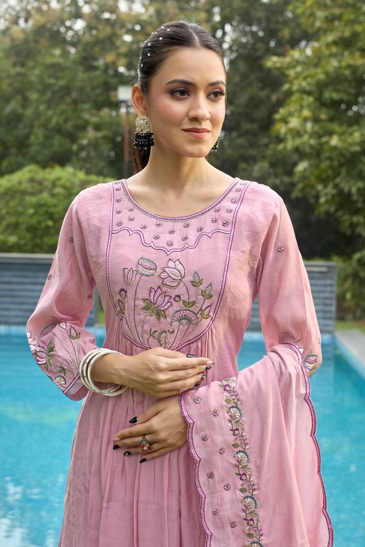 Elegant Pink Floral Embroidered Anarkali Set