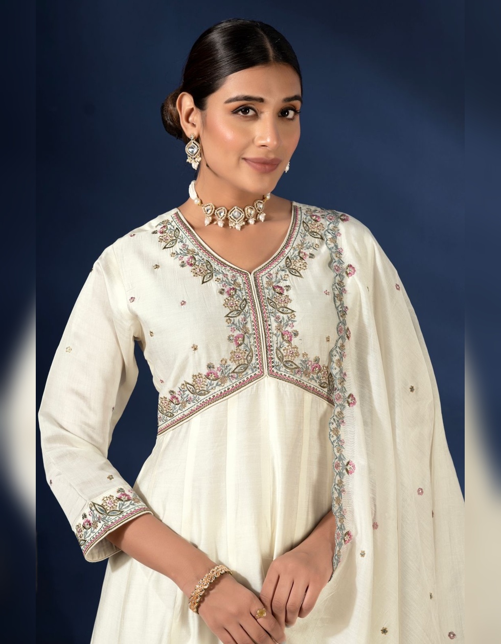 Lvory White Embroidered Anarkali Suit Set With Dupatta